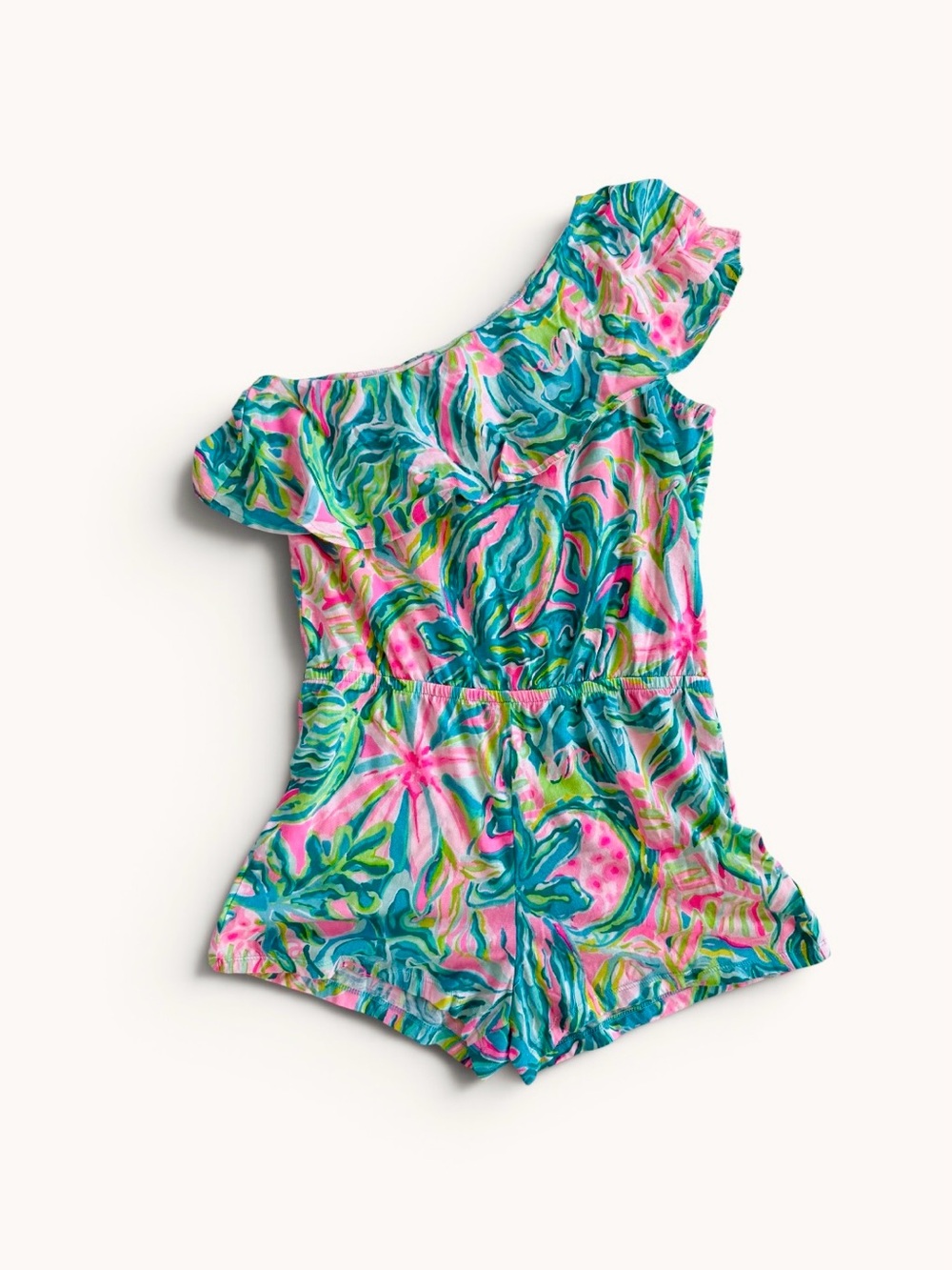 Lilly Pulitzer Girls One-Shoulder Romper in Pink & Green Floral, XL